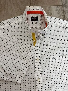 Paul & Shark White Shirt with Navy Dot Pattern and Orange Trim